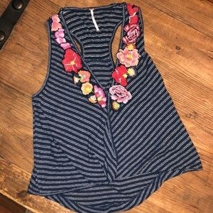 Free People Navy Striped Floral Neck‎ Tank z-3